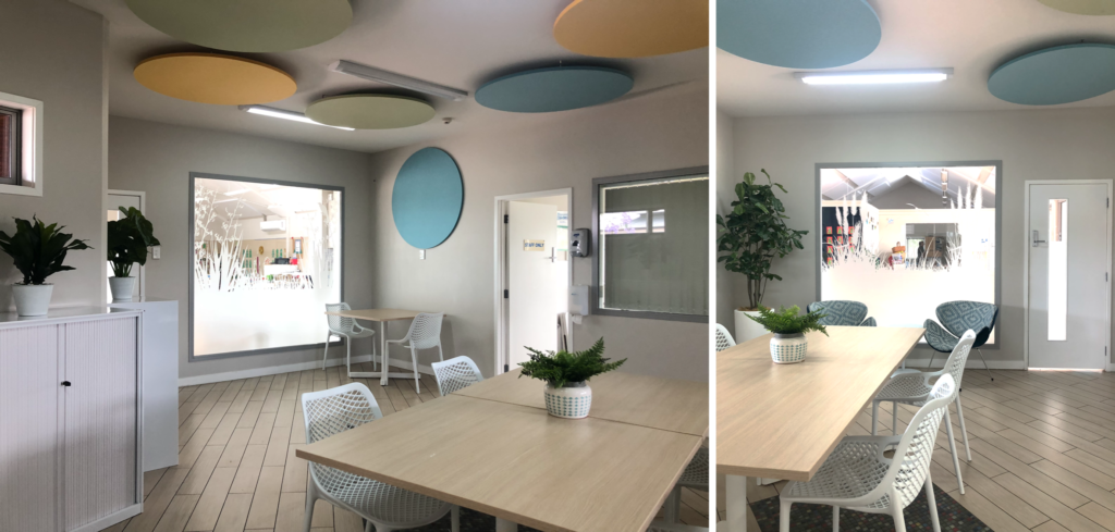 frosted white window decals in staff room with modern furniture