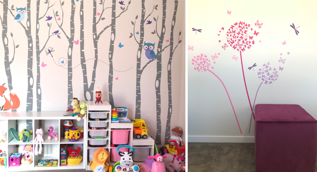 wall decals in family home kids playroom with trees and woodland animals