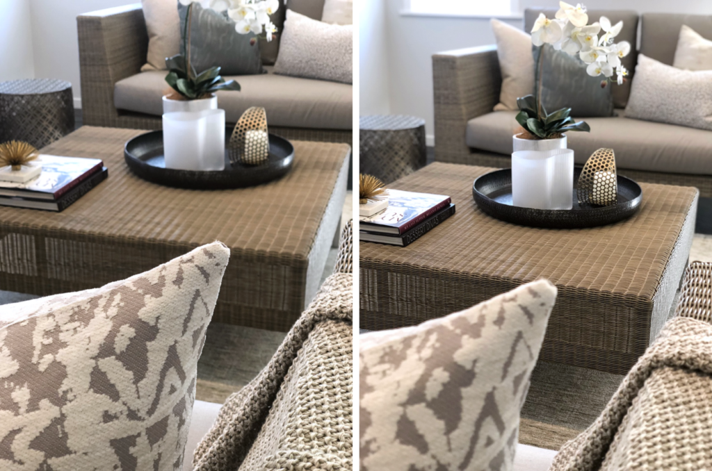 close up of cushions and styling of rattan furniture coffee table