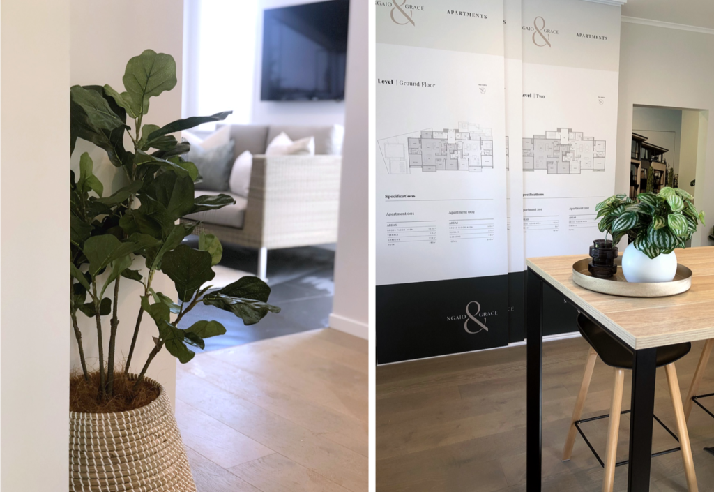 plant in wicker pot and tray styled on timber tabletop in room with wooden floors