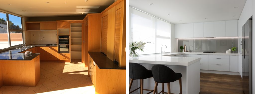 before and after modern white kitchen transformation with barstools