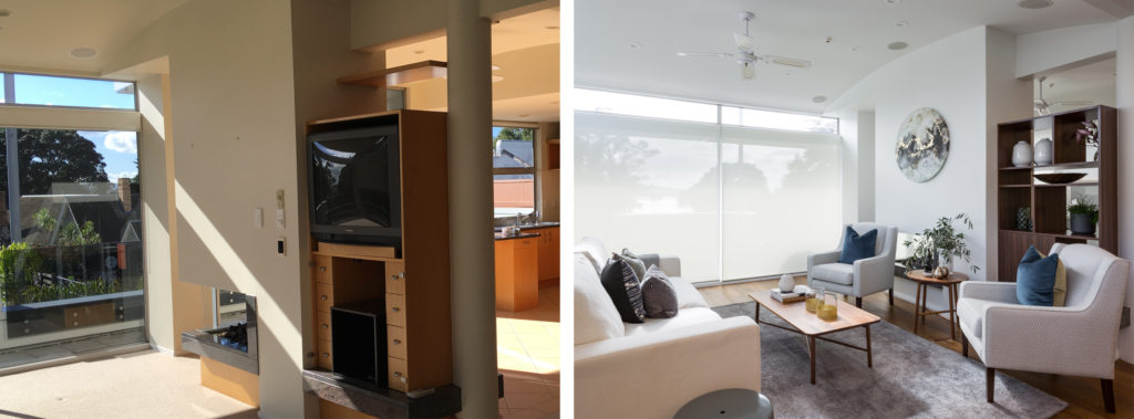 before and after of modern lounge with fireplace and built-in wood shelving