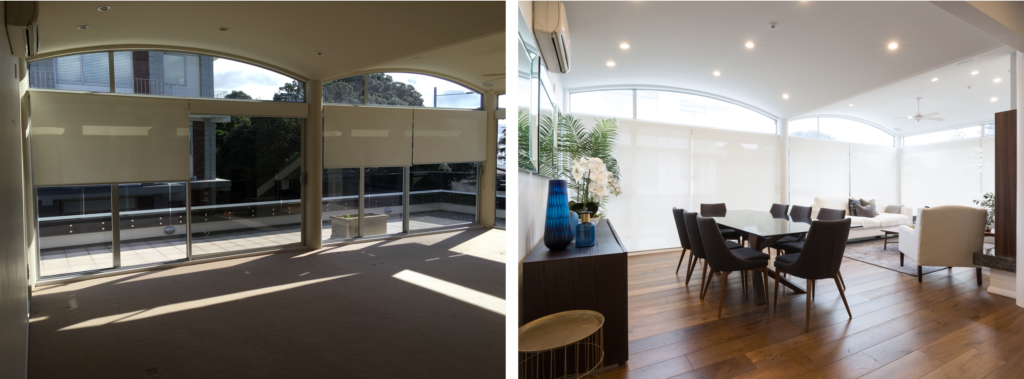 before and after of modern dining space with arch windows and wood floors