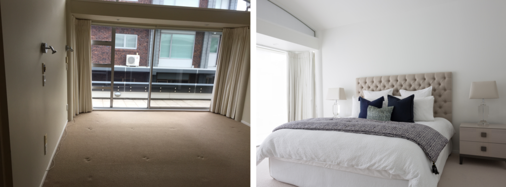 before and after of master bedroom with cream headboard and blue soft details