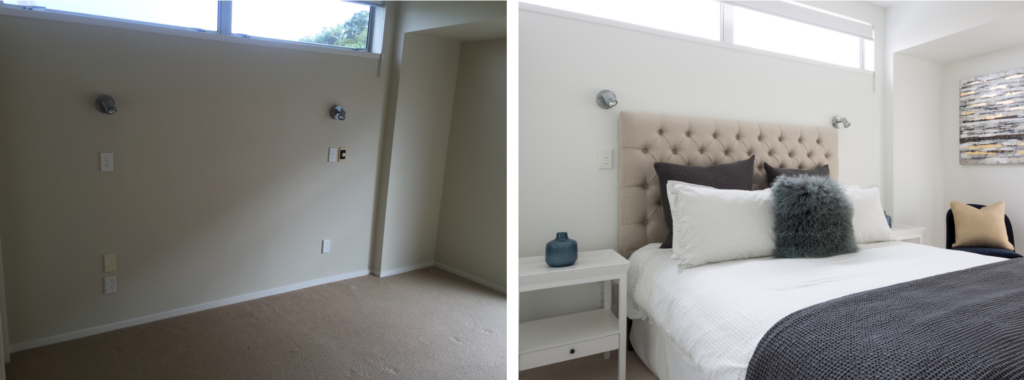 before and after of apartment bedroom with cream and grey tones