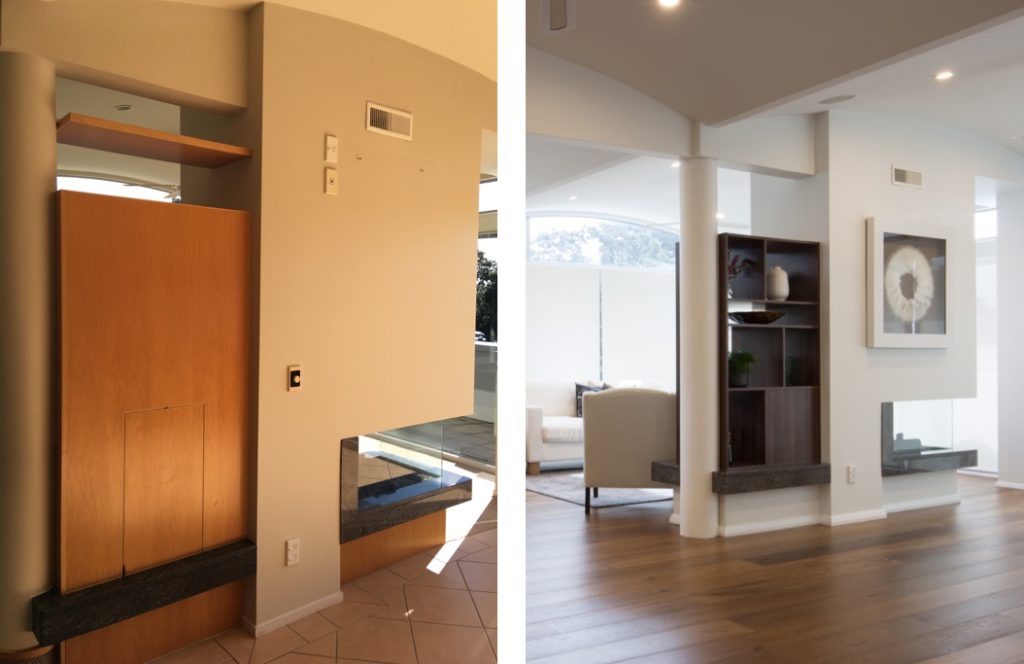 before and after of modern built-in shelving unit with open fireplace and wood floors