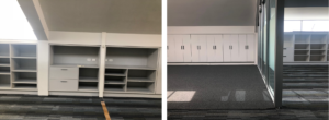 before and after modern office space with built in storage and glass doors