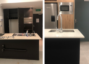 before and after modern kitchen with black and wood with white stone benchtop