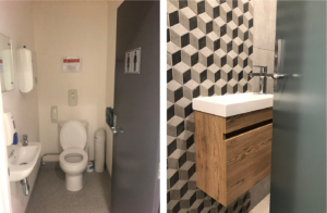 before and after modern small bathroom with wallhung vanity and geometric tiles