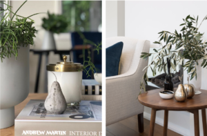 Modern coffee table styling with concrete pear and scented candles