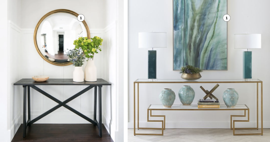 modern console tables with mirror and art above