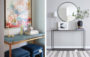 modern console table with baskets and rug