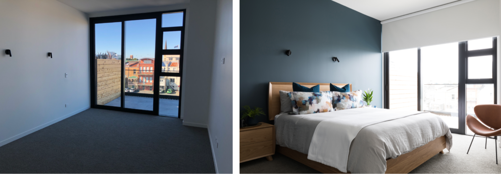 before and after modern luxury Auckland city fringe apartment interior design master bedroom style with custom furniture and blue feature wall