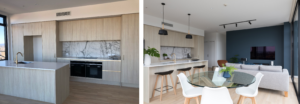 before and after modern luxury Auckland city fringe apartment interior design kitchen dining and living space with wood floors and light airy kitchen