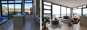 before and after modern luxury Auckland city fringe apartment interior design lounge dining space with wood floors and large windows