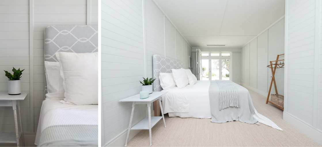delicate hamptons style bedroom with wood panelling, custom headboard and sisal carpet