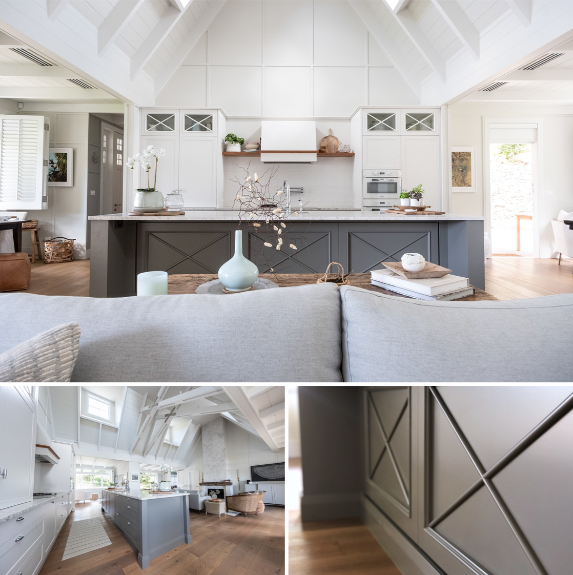 modern hamptons style kitchen with vaulted ceiling and panelling details