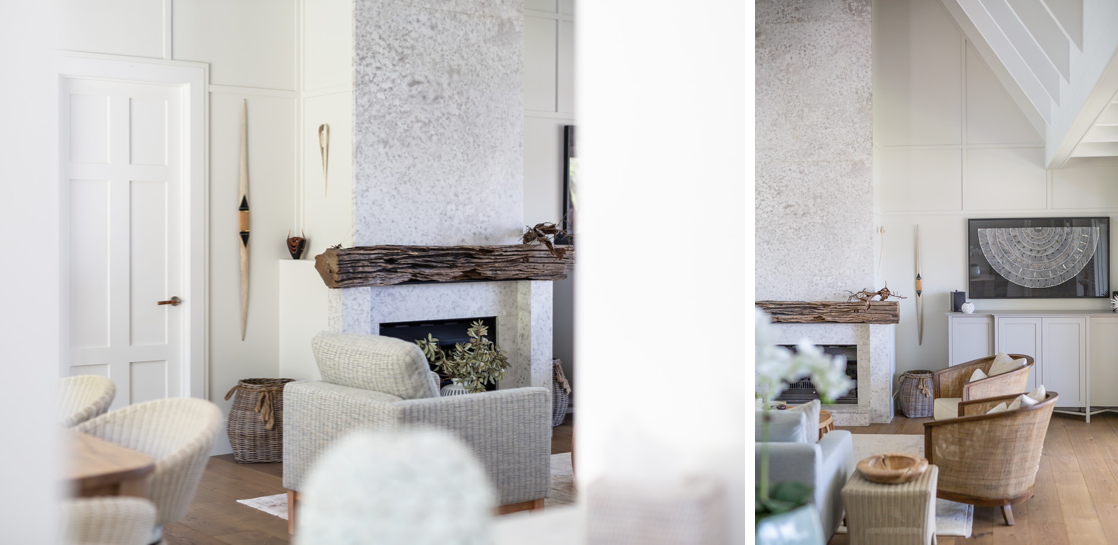 modern hamptons style luxury lounge with stone fireplace