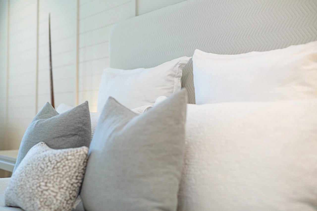 Soft palette bedroom with white, pale blue and texture