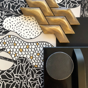 interior design flatlay bathroom scheme with wallpaper, black and brass