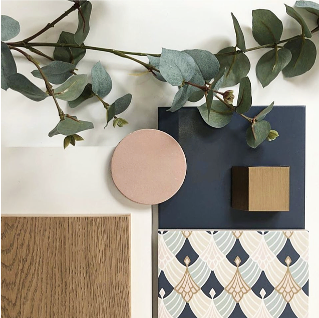 interior design flatlay bathroom scheme with tiles, timber and brass