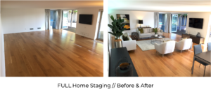 before and after full home staging of high end modern living room and dining room with contemporary furniture and custom styling