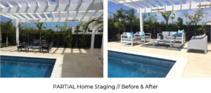 before and after outdoor staging with modern outdoor lounge furniture and custom cushions by the pool