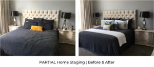 before and after luxury grand master bedroom with californian king bed styled with cushions and throws