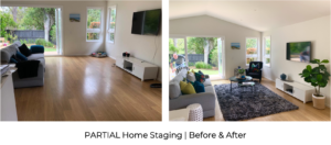 before and after bright and sunny living room with colourful cushions and styling