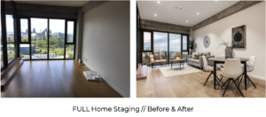 before and after luxury apartment full home staging with contemporary furniture and modern art living room and dining room