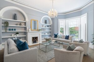 Cotter house 2 st vincent avenue formal living room in soft blues with gold and silver highlights luxury styling