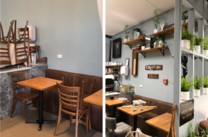 before and after cafe coffee shop styling with vintage treasures plants and accessories