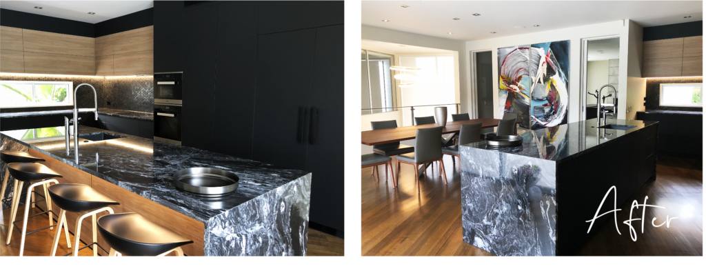 dark black and oak kitchen with black marble waterfall benchtop and under bench strip lightingpremium dark and moody