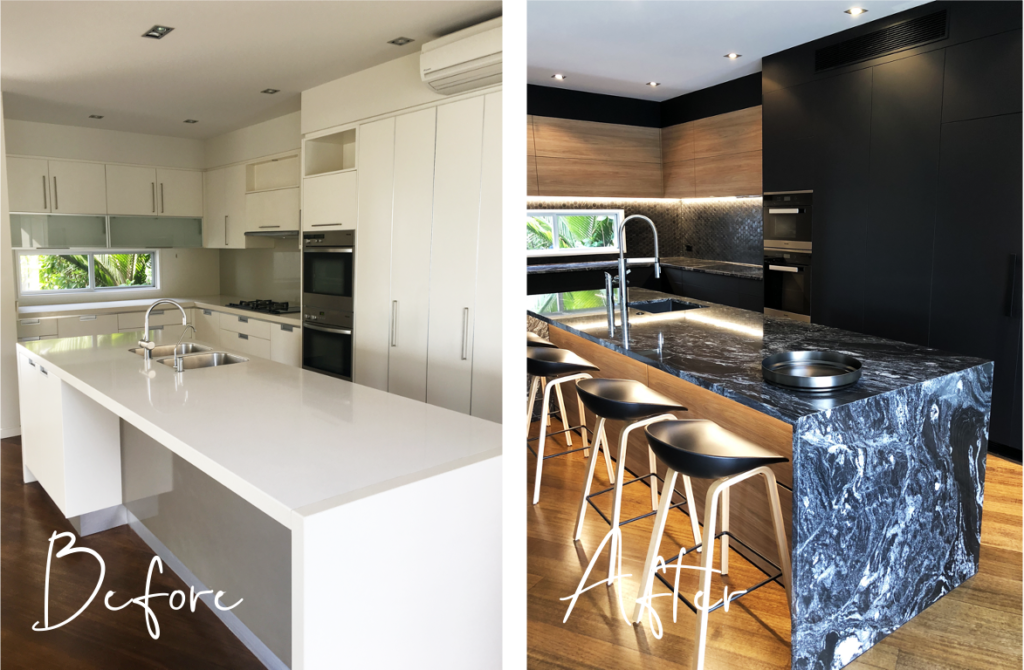 before and after white kitchen and black kitchen with black marble and oak cabinets with under cabinet strip lighting